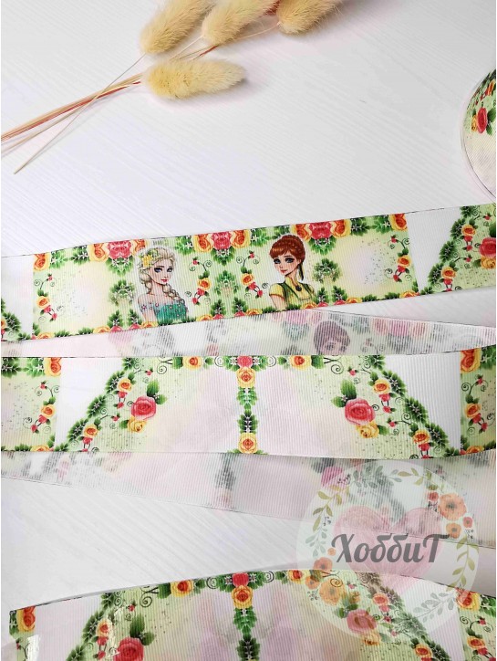 Лента репсовая с рисунком "Бант с хвостиками. Анна и Эльза" 4см. (мультиколор)